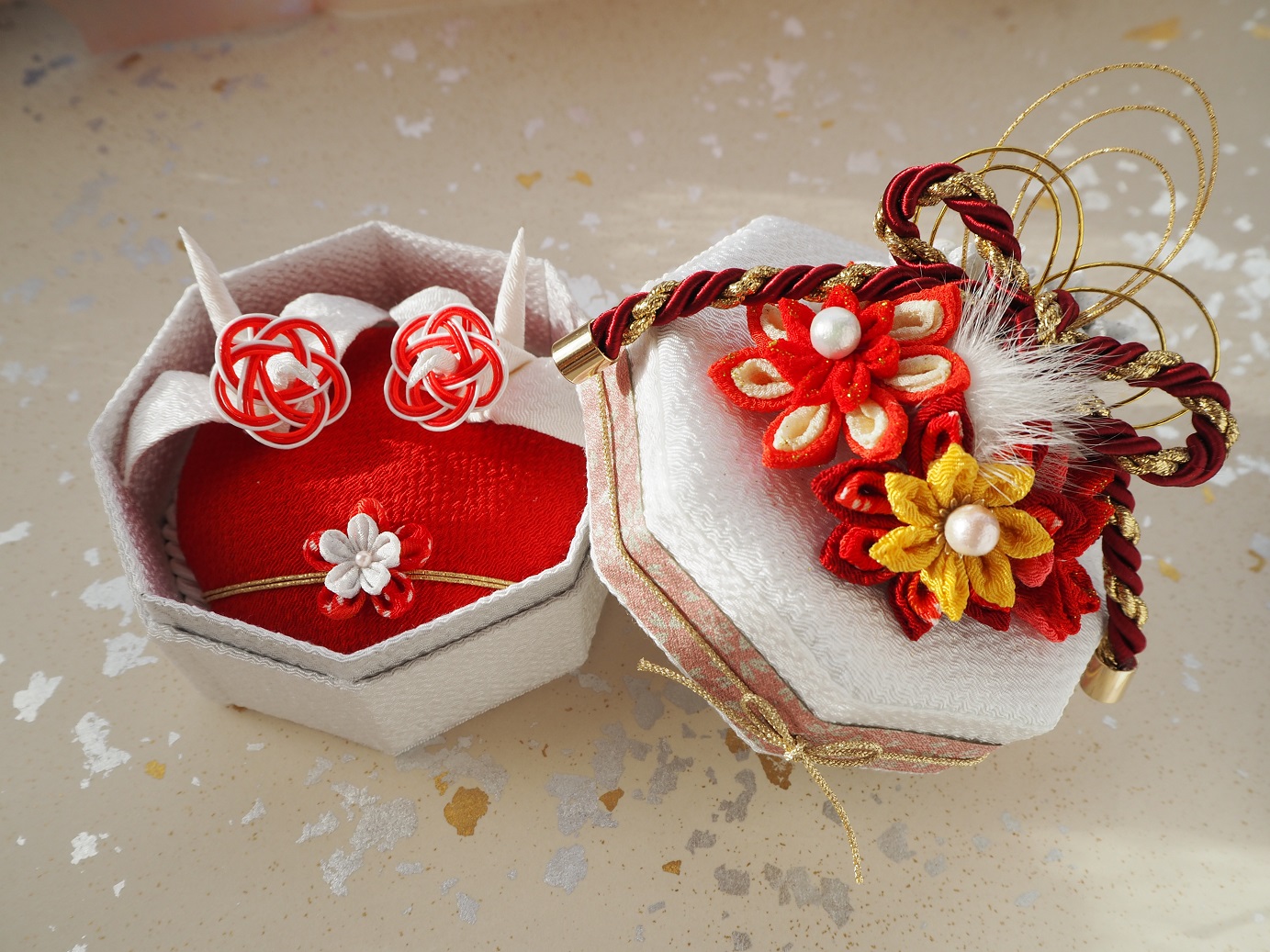 夫婦鶴と花の手作り和風リングピロー ～作り方＆材料～